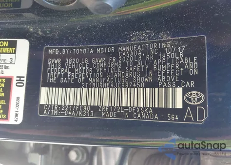 2018 Toyota Corolla L/Le/Xle/Se/Xse from USA, damaged, VIN 2T1BURHE4JC997450